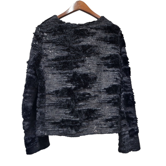 BDB Buffalo David Bitton Womens Medium Black Faux Fur Sequin Jacket Collarless - Picture 2 of 8